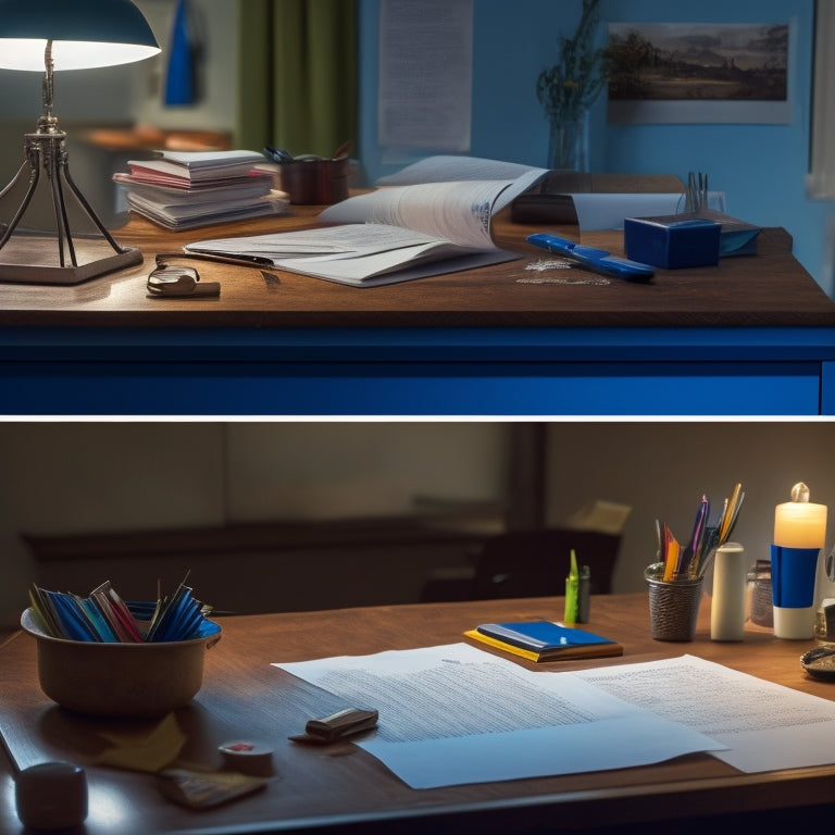 A split-screen image featuring a cluttered, dimly lit desk with scattered math problems and crumpled papers on one side, and a tidy, organized workspace with a single, solved math problem on a clean blackboard on the other.