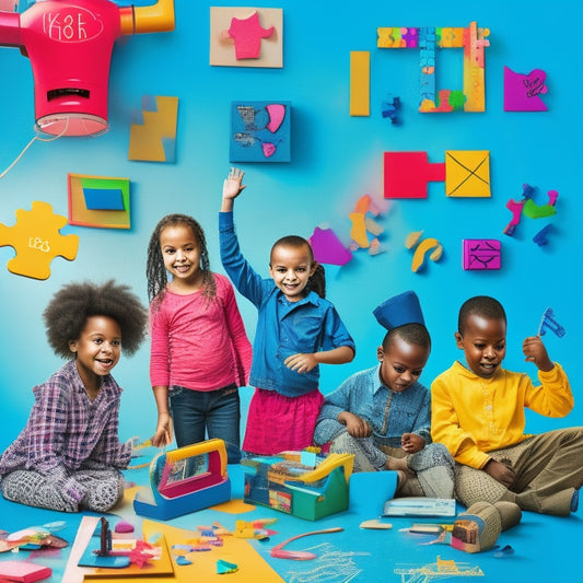 A colorful illustration of diverse kids aged 6-12 surrounded by interactive math tools, including a touchscreen tablet, puzzle pieces, building blocks, and a robotic arm, with math symbols and shapes floating in the air.