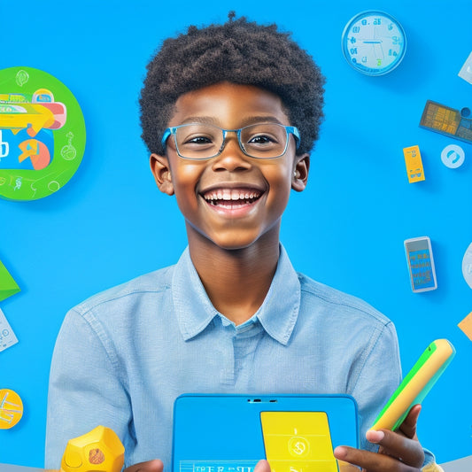 A colorful illustration of a smiling elementary-aged student surrounded by math-related icons, such as a calculator, geometric shapes, and a tablet with a math app open, set against a bright blue background.