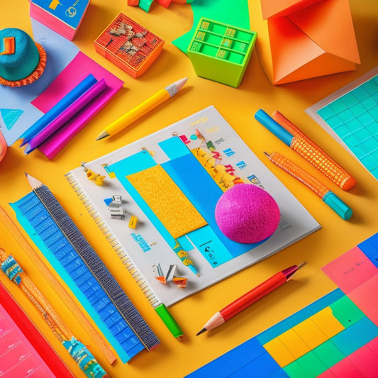 A bright and colorful illustration featuring various math symbols and icons, such as pencils, calculators, and geometric shapes, scattered around a blank worksheet with lines and grids.