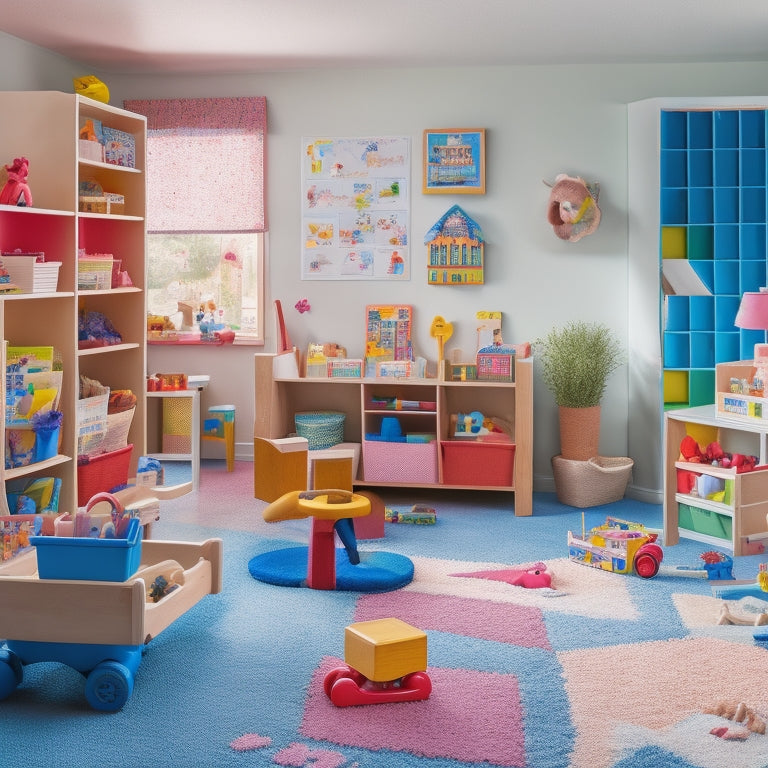 A colorful, clutter-free playroom with a diverse group of preschoolers engaged with various educational toys, including building blocks, puzzles, and shape sorters, surrounded by learning charts and a reading nook.