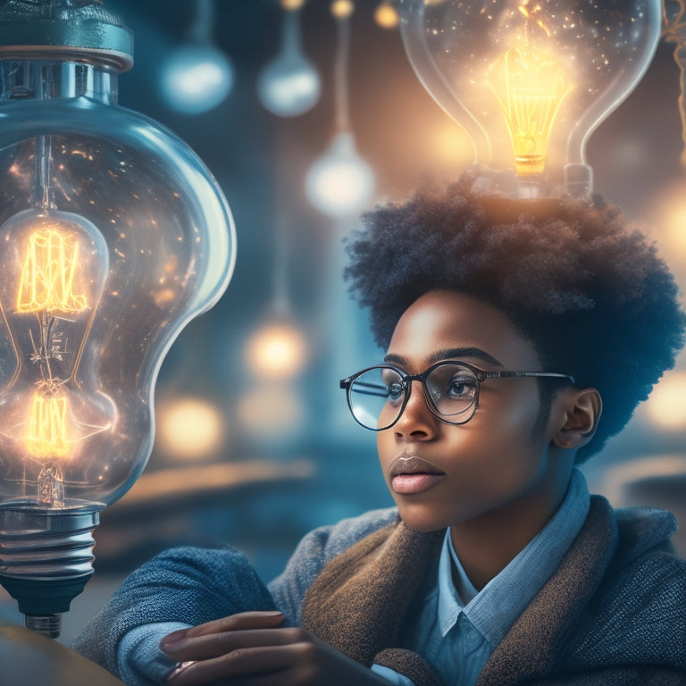 A whimsical illustration of a young student surrounded by floating lightbulbs, gears, and sparks, with a subtle cityscape or futuristic background, conveying innovation and intellectual curiosity.