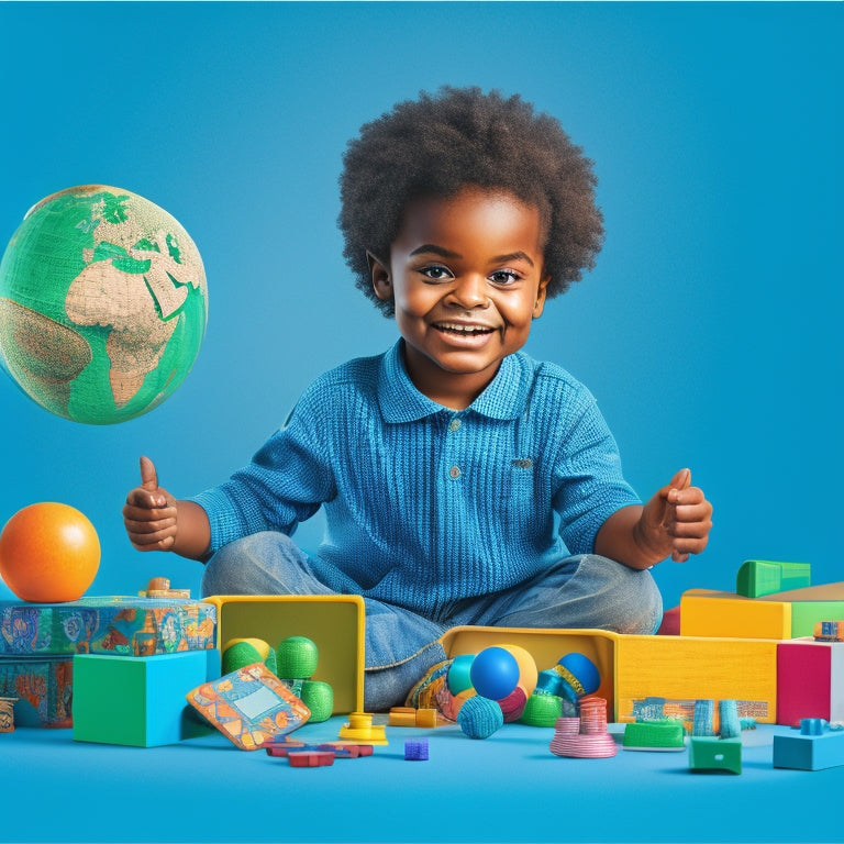 A colorful illustration of a happy child surrounded by educational toys and games, with puzzle pieces, blocks, and a globe in the background, amidst a subtle gradient of blue and green hues.