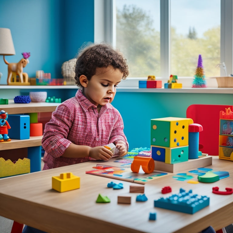 A colorful, clutter-free workspace with a happy child (ages 4-6) surrounded by various manipulatives, such as counting blocks, pattern tiles, and a geometric shape sorter, amidst a subtle background of natural light.