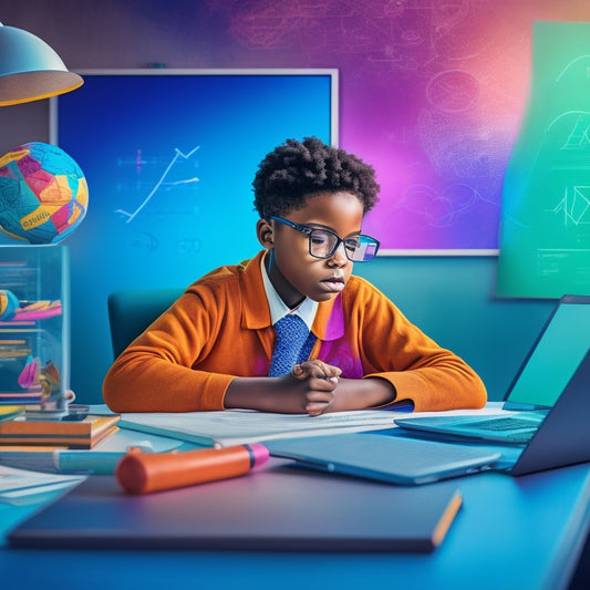 A colorful, modern illustration of a middle school student sitting at a desk, surrounded by various digital devices, with math problems and diagrams displayed on the screens, amidst a subtle background of mathematical symbols and shapes.