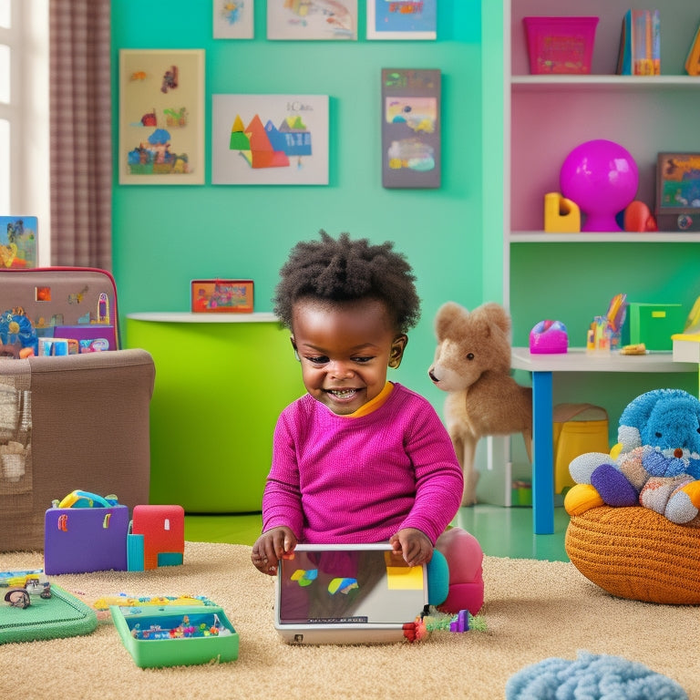 A colorful illustration of a happy preschooler surrounded by tablets, smartphones, and laptops, with educational apps open on screens, amidst blocks, toys, and learning materials, in a cozy playroom setting.