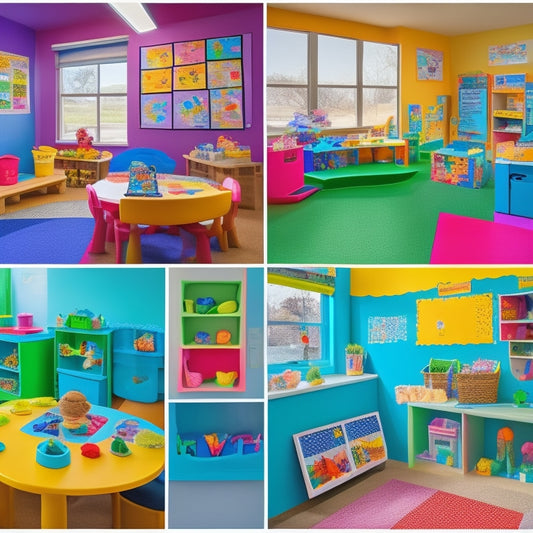 A vibrant kindergarten classroom with 8-10 colorful stations, each showcasing a unique activity: blocks, painting, dress-up, reading nook, playdough, sensory bin, and more, bustling with happy children engaged in play.
