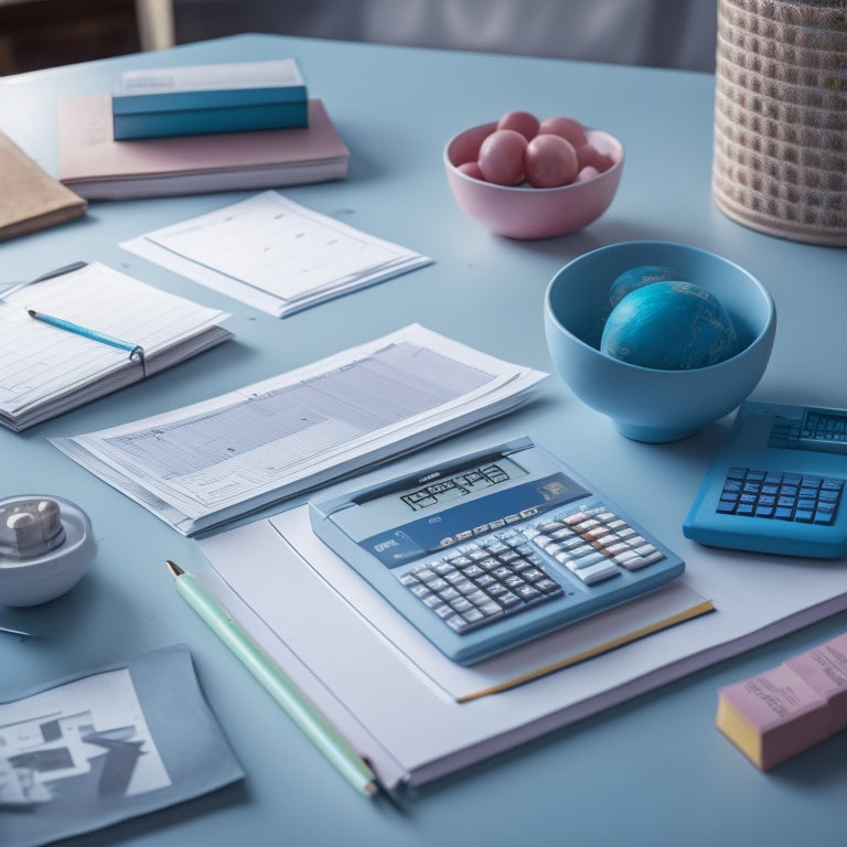 A tidy desk with a stack of worksheets, a few pencils, and a calculator, surrounded by a subtle background of mathematical symbols and formulas in soft pastel colors.