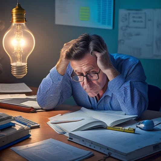 An illustration of a stressed adult sitting at a desk, surrounded by scattered math textbooks and calculators, with a laptop open to a math problem, and a subtle lightbulb moment above their head.