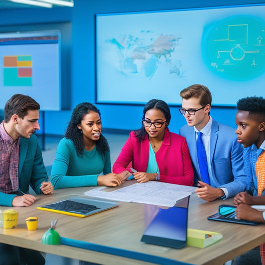 A vibrant, modern classroom scene with diverse students gathered around a large, touchscreen table, engaged with colorful, interactive algebra graphs and equations, surrounded by laptops and tablets.