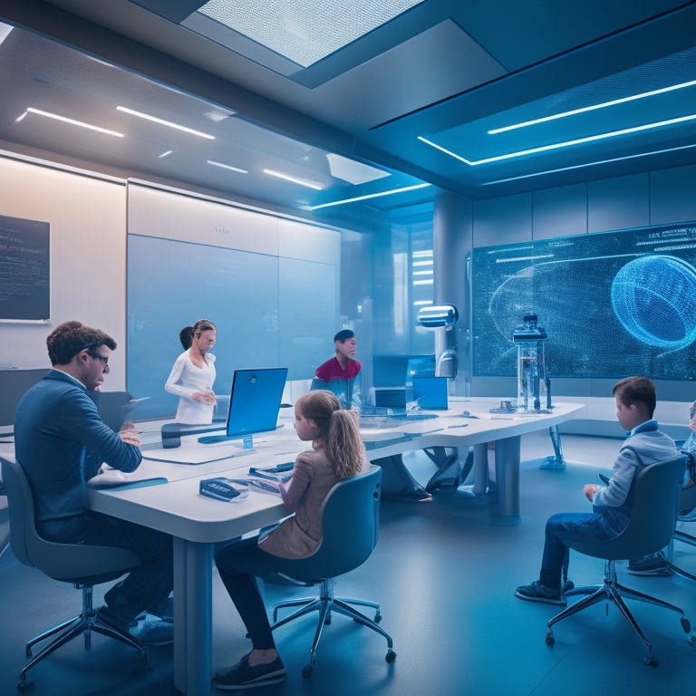 A futuristic classroom with augmented reality goggles, holographic projections, and robots assisting students, surrounded by futuristic architecture and sleek, minimalist design.