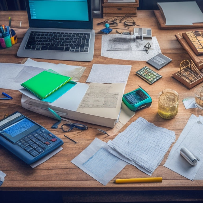 A desk cluttered with crumpled papers, scattered pens, and an open laptop displaying a math problem on its screen, surrounded by various math tools like calculators, protractors, and geometric shapes.