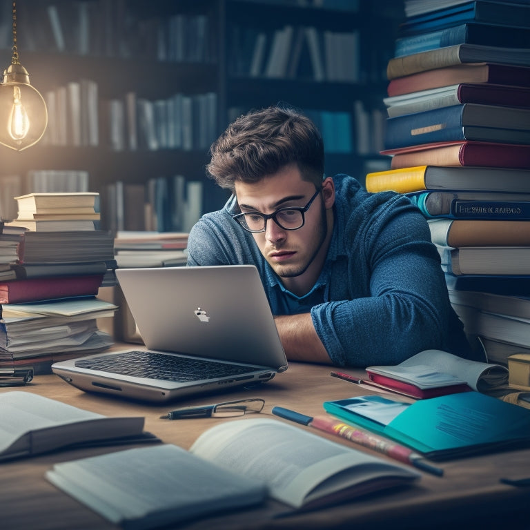 An illustration of a stressed student surrounded by scattered books and papers, with a laptop open in front of them, displaying a variety of educational websites and apps on the screen.