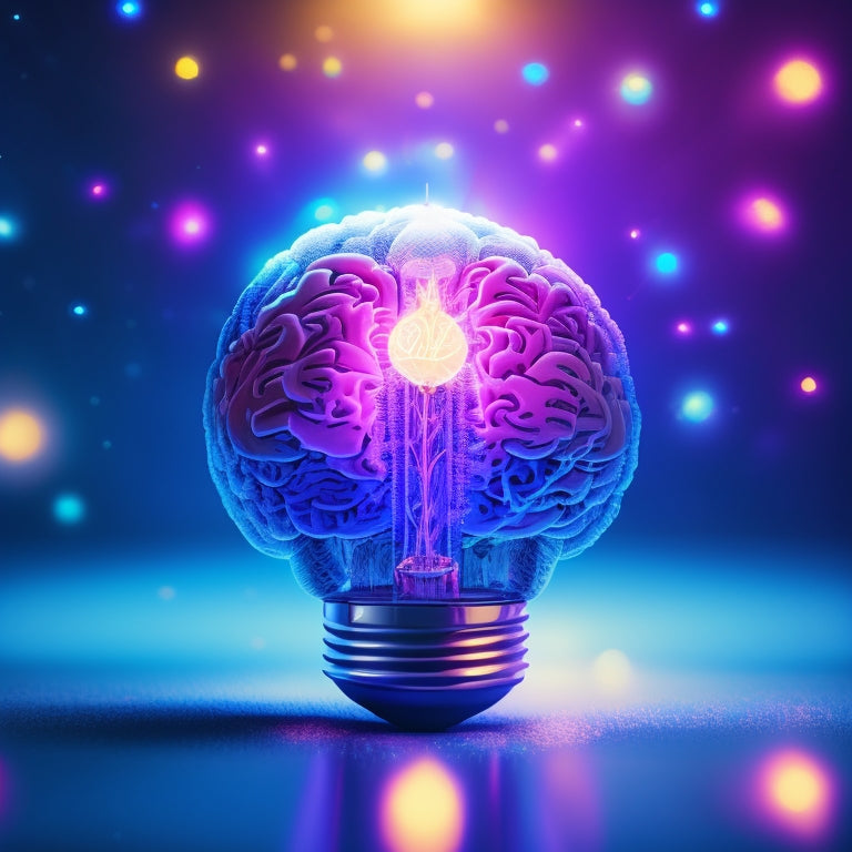 A stylized illustration of a person's brain transforming into a glowing lightbulb, surrounded by orbiting gears, puzzle pieces, and sparkles, set against a vibrant blue background with subtle gradient effects.