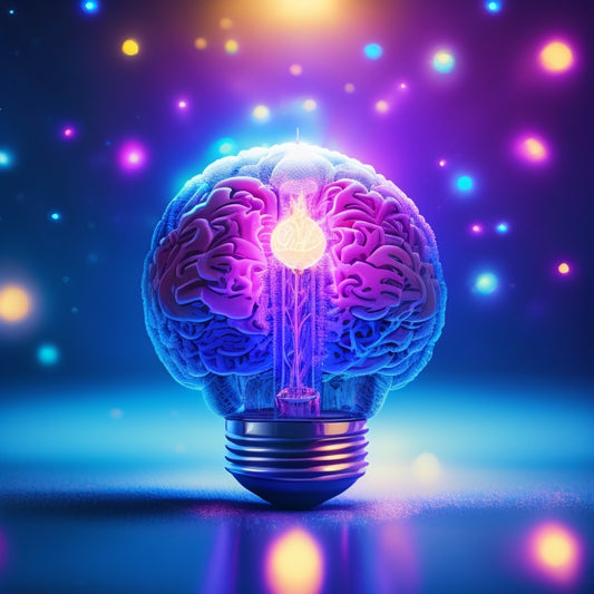 A stylized illustration of a person's brain transforming into a glowing lightbulb, surrounded by orbiting gears, puzzle pieces, and sparkles, set against a vibrant blue background with subtle gradient effects.