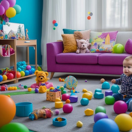 A colorful, clutter-free playroom with a 10-month-old baby sitting on a mat surrounded by 5-7 toys, including a sensory ball pit, stacking cups, a music instrument, and a few soft blocks.