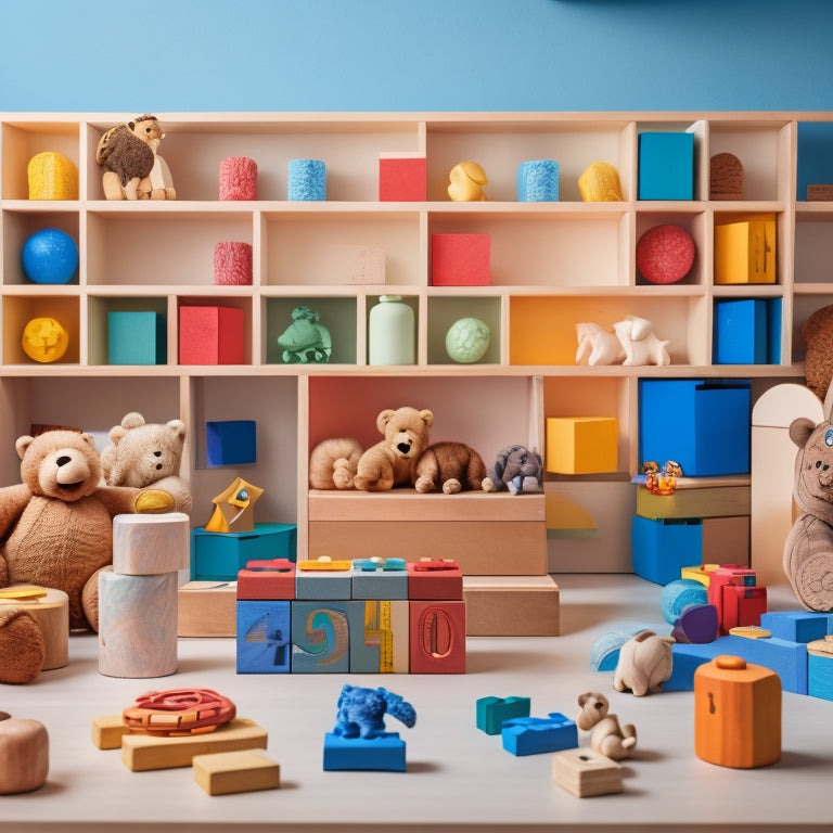A colorful, clutter-free background with a mix of wooden blocks, counting bears, number lines, and a few scattered toys, such as shape sorters and abacuses, arranged in a playful, inviting manner.