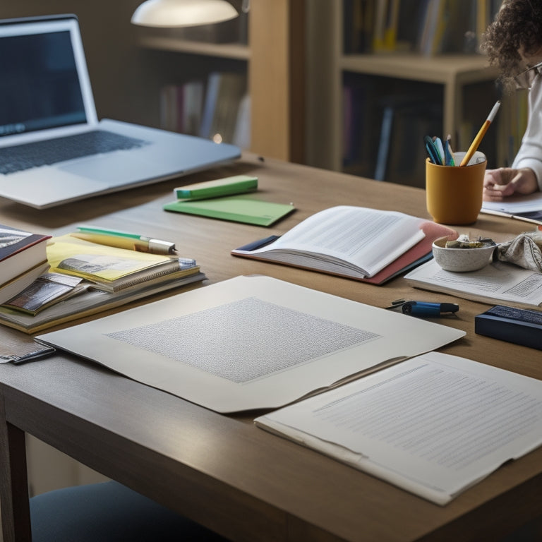 A cluttered desk with a laptop, open math textbook, and scattered papers, alongside a calm and organized workspace with a tutor's gentle hand guiding a student's pencil.