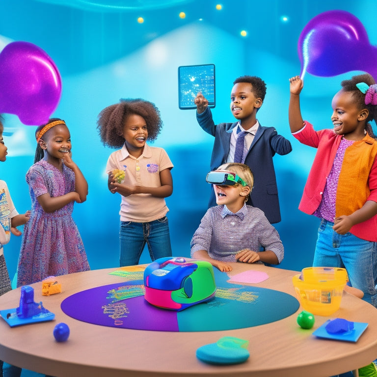 A colorful, futuristic classroom scene with diverse kids (ages 6-12) wearing VR headsets, interacting with virtual 3D models, and gesturing with controllers, surrounded by floating educational icons and swirling STEM-inspired patterns.