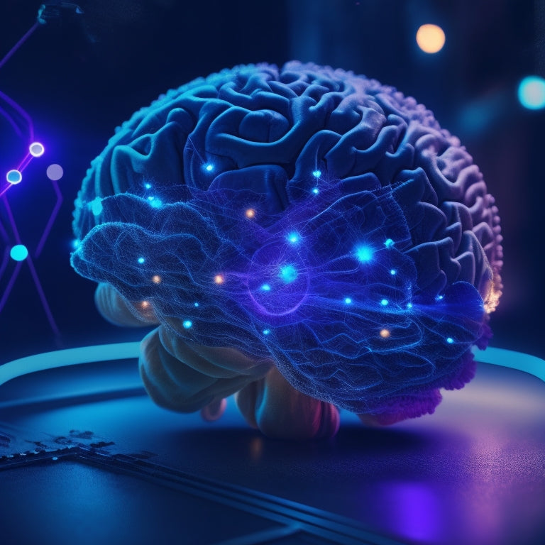 A futuristic brain with glowing neural connections, surrounded by orbiting gears, microscopes, and circuit boards, blending organic and mechanical elements to represent the intersection of STEM and cognitive development.