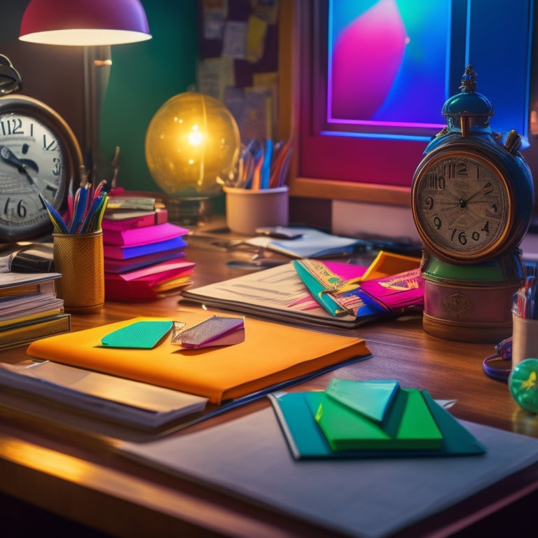 A cluttered teacher's desk with scattered worksheets, pens, and a laptop, surrounded by colorful folders and a clock in the background, with a subtle glow of a computer screen.