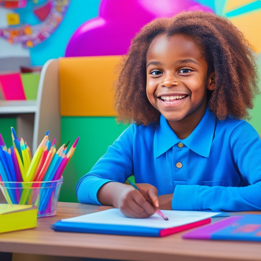 A colorful illustration of a smiling 2nd-grade student surrounded by worksheets, pencils, and a laptop, with a subtle background of a classroom or a desk, conveying a sense of learning and fun.