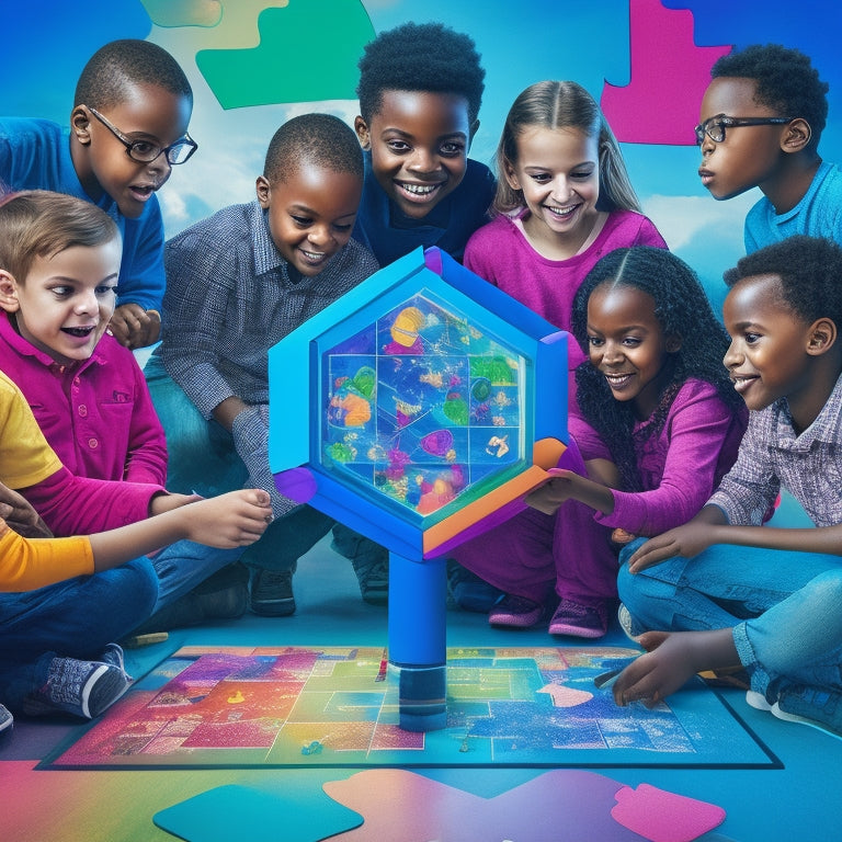 A vibrant, colorful illustration of diverse children aged 8-12 gathered around a large, interactive digital screen, engaged in a math-based puzzle game, with puzzle pieces, shapes, and math symbols floating around them.