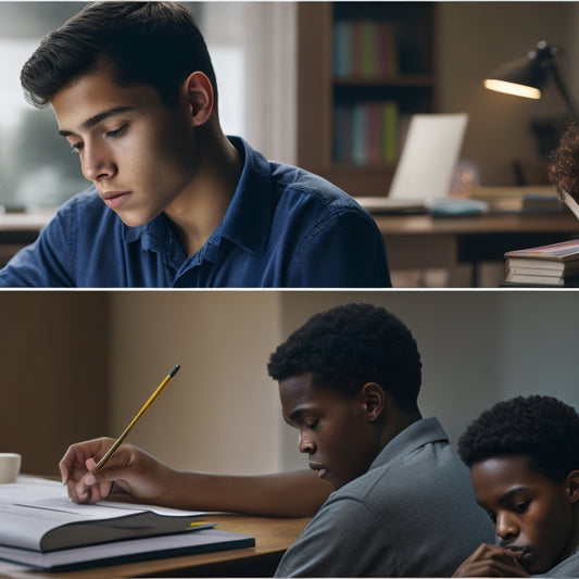 A split-screen image featuring a frustrated student surrounded by scattered math textbooks and broken pencils on one side, and a confident student with a laptop and a virtual whiteboard on the other.
