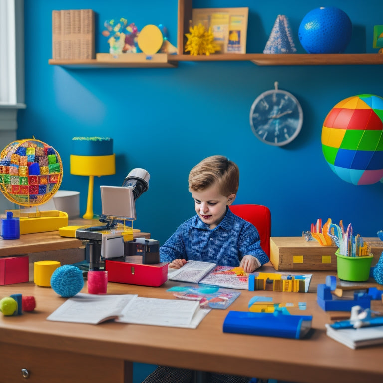 A colorful, clutter-free desk with a microscope, globe, calculator, and various manipulatives like blocks, pattern tiles, and geometric shapes, surrounded by open textbooks and a curious, smiling child.