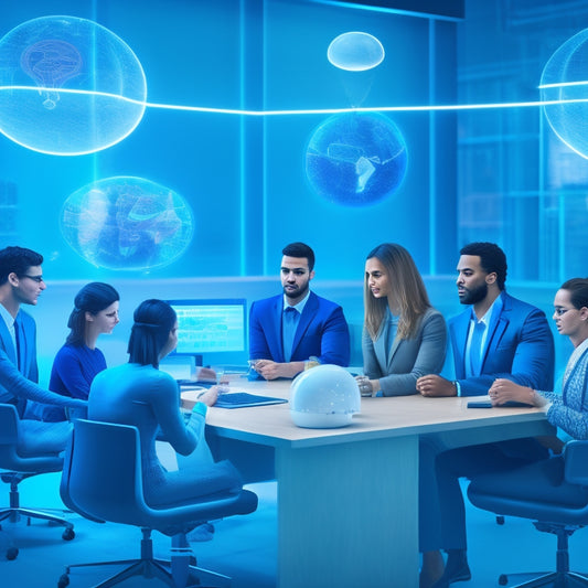 A futuristic virtual classroom with diverse avatars seated at virtual desks, surrounded by floating thought bubbles and diagrams, with a 3D brain model suspended above, glowing with blue light.