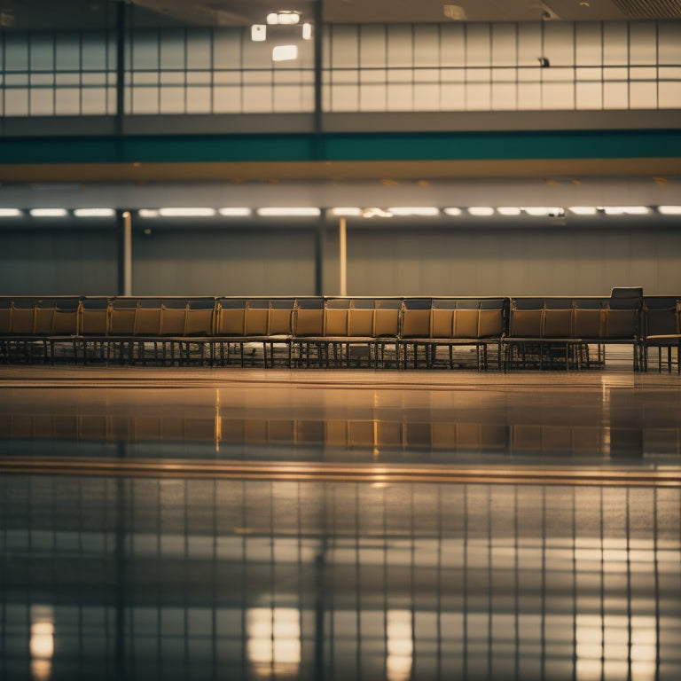 A deserted airport terminal with empty chairs, a lone suitcase, and a few scattered pilot uniforms, surrounded by dimmed lights and a faded airline logo on the wall.