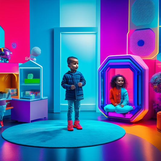 A colorful, futuristic playroom with holographic blocks, a robotic companion, and a child's delighted face reflected in a sleek, curved tablet screen, surrounded by inventive, 3D-printed toys.
