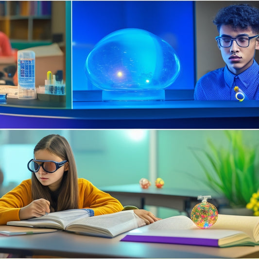 A split-screen image: on the left, a student sits at a desk surrounded by textbooks and notes, looking puzzled; on the right, the same student stands in a virtual lab, wearing goggles and interacting with 3D molecules.