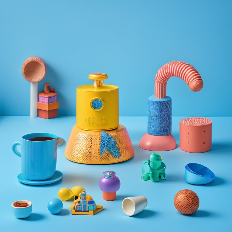 An arranged still life of various toys, including a wooden puzzle, a set of stacking cups, and a small, colorful robot, on a pastel-blue background surrounded by gentle, swirling patterns.