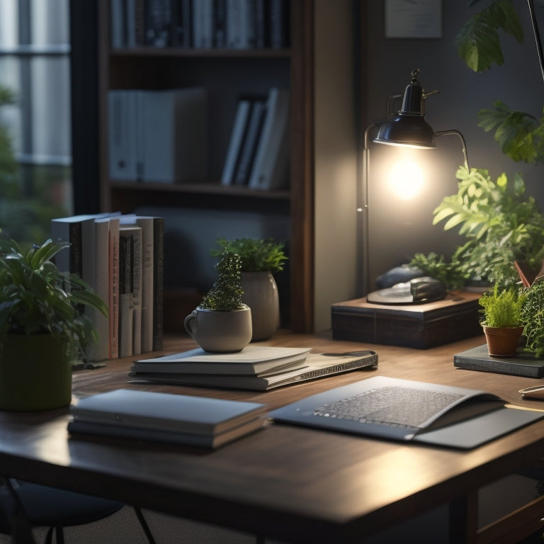 A serene, well-organized college study area with a laptop, notebooks, and a few strategically placed math textbooks, illuminated by a warm desk lamp, surrounded by calming greenery.