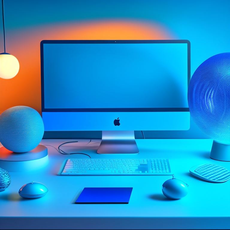 A futuristic, minimalist desk with a sleek laptop, surrounded by colorful, swirling digital orbs and glowing, curved lines, amidst a subtle, gradient background of blues and whites.