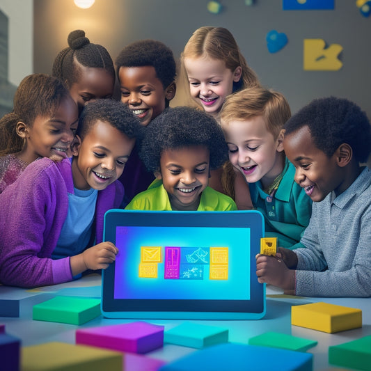 An illustration of a happy, diverse group of children aged 6-12, gathered around a large, glowing tablet, engaged in a virtual math puzzle, with colorful blocks, shapes, and numbers floating around them.