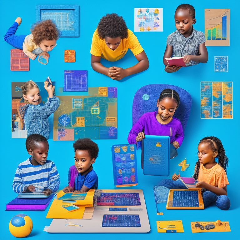 A colorful illustration of a diverse group of children aged 6-12, each engaged with a tablet or laptop, surrounded by math-related objects like geometric shapes, calculators, and charts, set against a bright blue background with subtle math patterns.