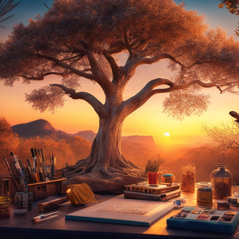 A whimsical, dreamlike illustration featuring a majestic tree with paint-splattered branches, surrounded by scattered art supplies, canvases, and eclectic trinkets, set against a warm, golden sunset background.