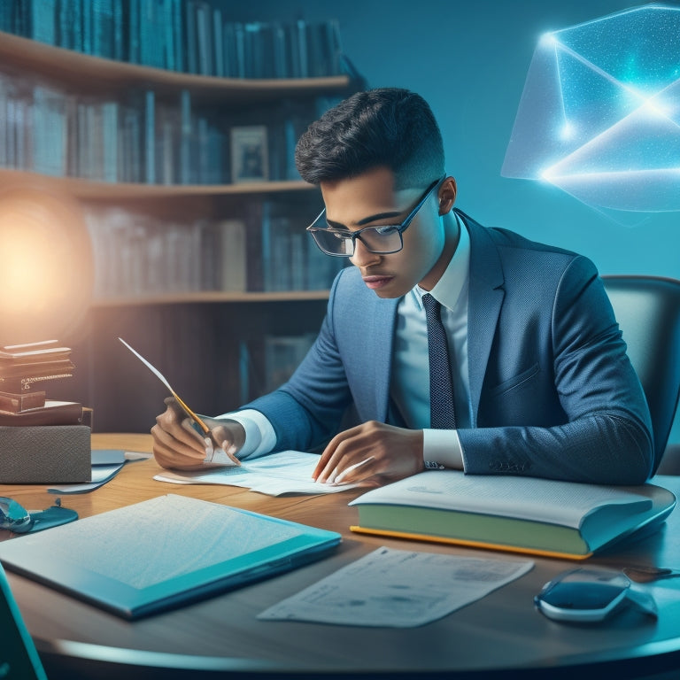 A futuristic illustration of a college student sitting at a desk, surrounded by scattered math textbooks and notes, with a holographic virtual math assistant projecting from a tablet, solving equations in mid-air.