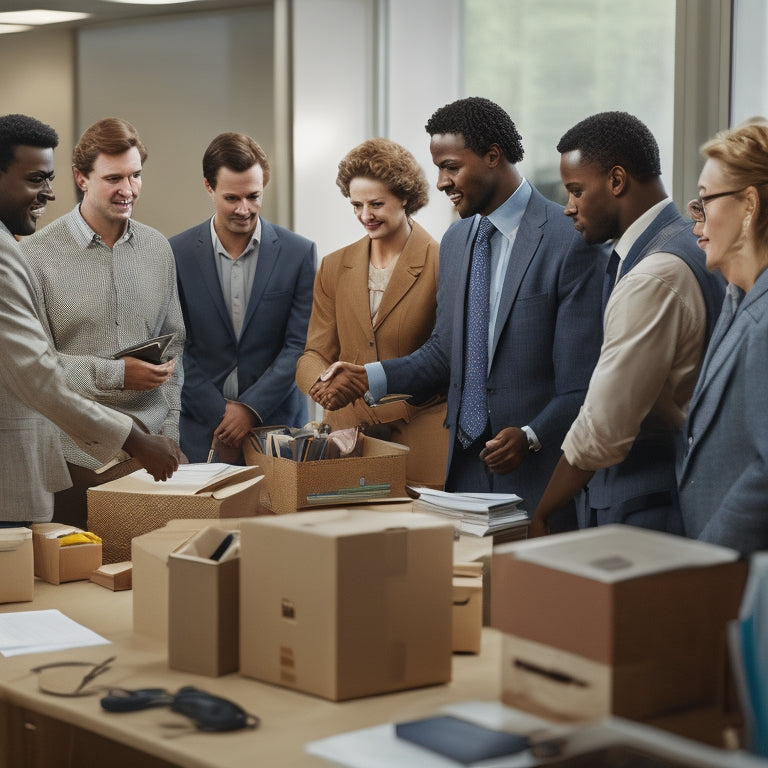 A crowded office room with coworkers gathered around a desk, shaking hands and patting the back of a departing colleague, Patrick Crawford, with a subtle smile and a box of personal belongings.