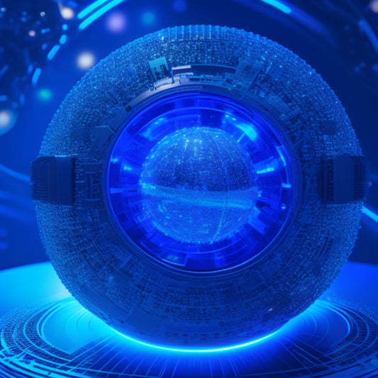 A futuristic, metallic sphere with glowing blue circuits and wires bursting out of it, surrounded by scattered CAD models, gears, and 3D printed parts, set against a dark, gradient blue background.