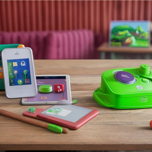 A split-screen image featuring a vintage-style LeapFrog logo on a worn wooden desk, alongside a modern, sleek LeapFrog tablet surrounded by colorful toys and learning materials.