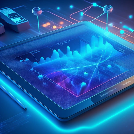 Illustrate a futuristic tablet with a 3D graph floating above the screen, surrounded by colorful interactive math tools and swirling particles, set against a dark blue background with subtle grid lines.