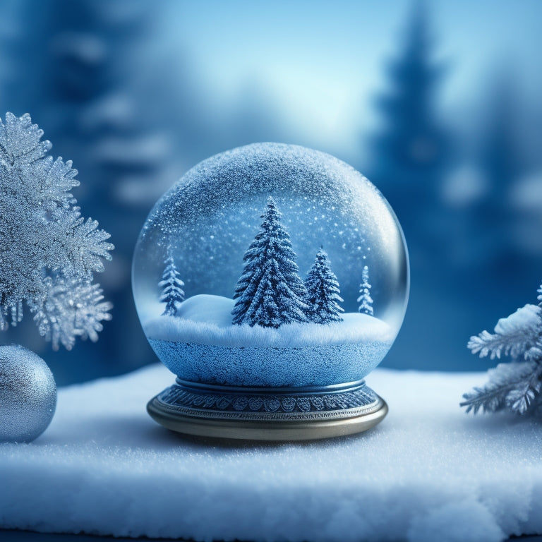 A whimsical snow globe scene featuring a miniature winter wonderland with tiny snow-covered trees, a small frozen pond, and delicate snowflakes suspended in a clear glass orb, surrounded by glittering ice blue and silver sparkles.