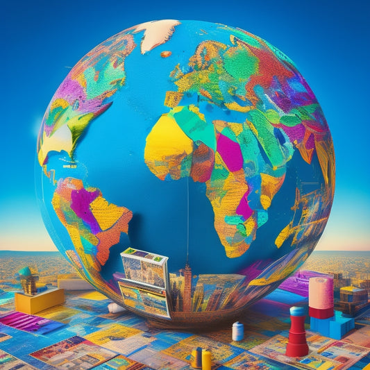 A colorful illustration of a puzzle pieces-filled globe surrounded by diverse digital devices, each displaying a different problem-solving activity, such as coding, brain teasers, and logic games.