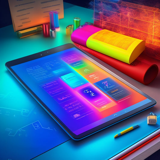 An illustration of a tablet with an open digital math textbook, surrounded by scattered math problems, formulas, and diagrams, with colorful interactive elements and a subtle glow effect to represent engagement.