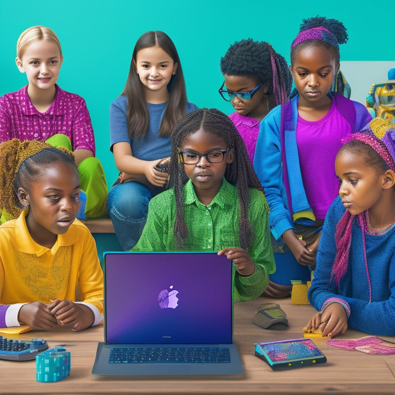 A colorful illustration featuring a diverse group of girls aged 8-12 surrounded by laptops, tablets, and coding blocks, set against a background of robots, gears, and subtle STEM-inspired patterns.