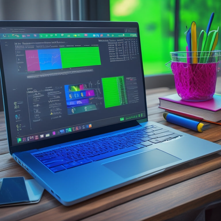 A laptop screen displaying a virtual blackboard with colorful math equations and graphs, surrounded by college campus elements like a graduation cap and a stack of books.