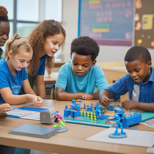 A colorful, bustling classroom scene with diverse students aged 8-12 engaged in various interactive STEM games, surrounded by robots, coding screens, and 3D puzzles, with a subtle background of chalkboard equations.